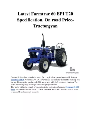 Latest Farmtrac 60 EPI T20 Specification, On road Price- Tractorgyan