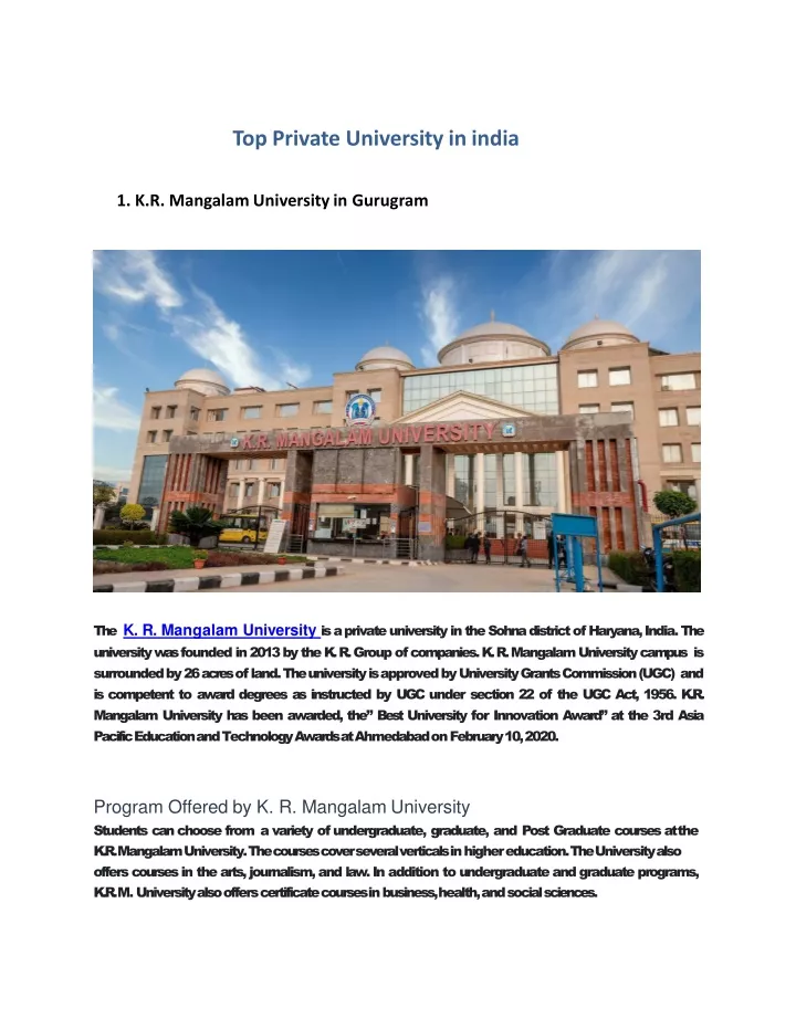 top private university in india 1 k r mangalam