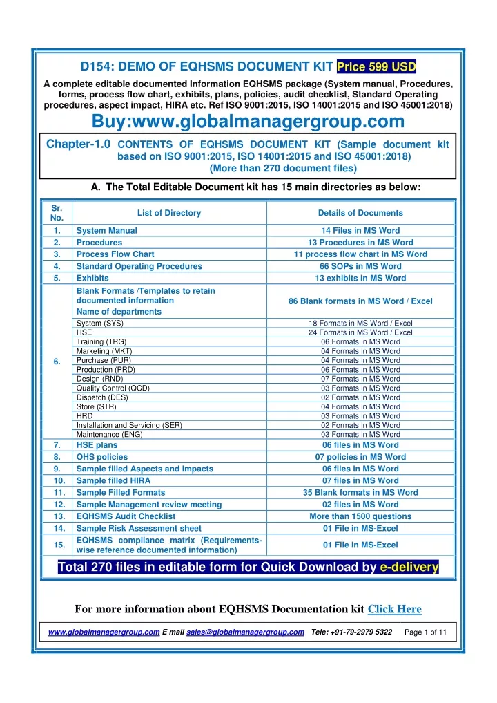 d154 demo of eqhsms document kit price 599 usd