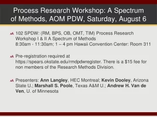 Process Research Workshop: A Spectrum of Methods, AOM PDW, Saturday, August 6