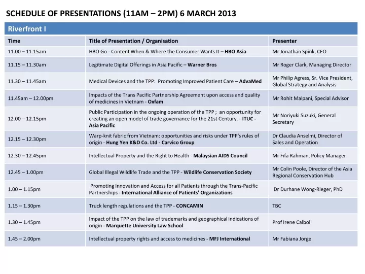 schedule of presentations 11am 2pm 6 march 2013