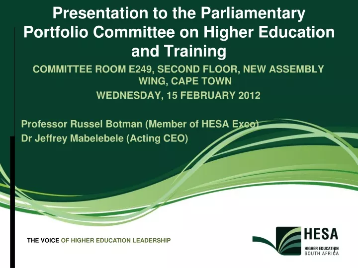 presentation to the parliamentary portfolio committee on higher education and training
