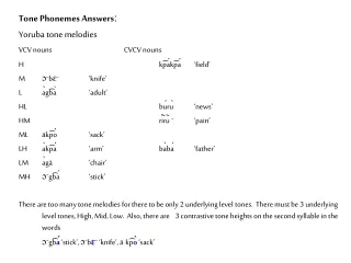Tone Phonemes Answersː Yoruba tone melodies VCV nouns			CVCV nouns H					k͡pák͡pá	‘field’