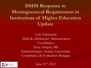 DSHS Response to Meningococcal Requirement in  Institutions of Higher Education Update