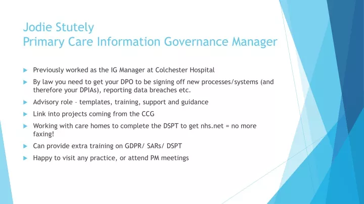 jodie stutely primary care information governance manager