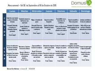 Menú semanal – Del  30   de  Septiembre  al  06  de  Octubre  de 2019