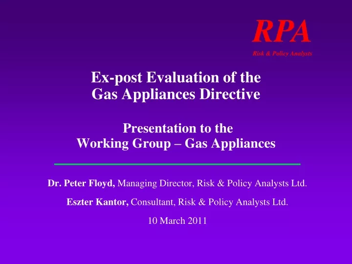 ex post evaluation of the gas appliances directive presentation to the working group gas appliances