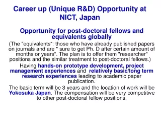 Career up (Unique R&amp;D) Opportunity at NICT, Japan