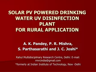 SOLAR PV POWERED DRINKING WATER UV DISINFECTION PLANT  FOR RURAL APPLICATION