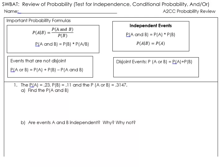 swbat review of probability test for independence