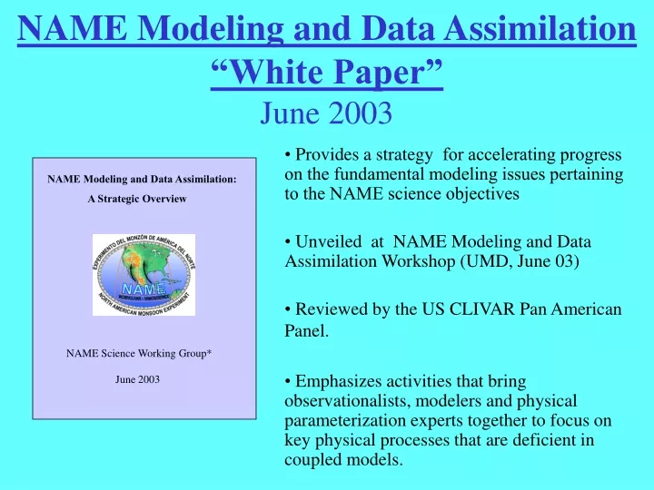 name modeling and data assimilation white paper june 2003