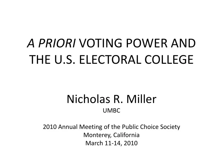 a priori voting power and the u s electoral college