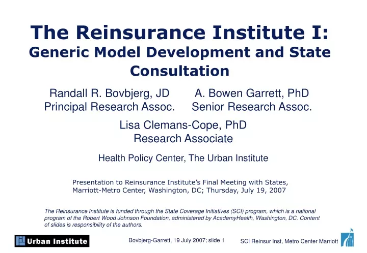 the reinsurance institute i generic model development and state consultation