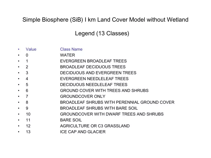 simple biosphere sib i km land cover model without wetland legend 13 classes