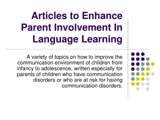 Articles to Enhance Parent Involvement In Language Learning