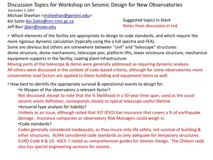 discussion topics for workshop on seismic design
