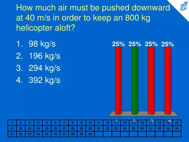 how much air must be pushed downward at 40 m s in order to keep an 800 kg helicopter aloft