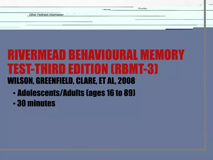 rivermead behavioural memory test third edition rbmt 3 wilson greenfield clare et al 2008