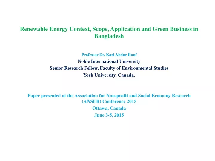 renewable energy context scope application and green business in bangladesh