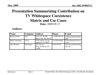 Presentation Summarizing Contribution on TV Whitespace Coexistence  Matrix and Use Cases