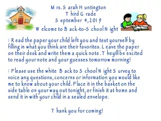 Mrs. Sarah Huntington      Third Grade September  4, 2019