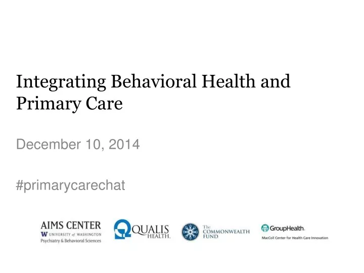 integrating behavioral health and primary care