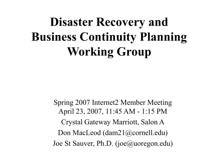 disaster recovery and business continuity planning working group