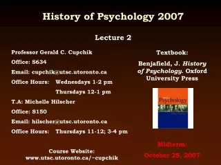 History of Psychology 2007 Lecture 2