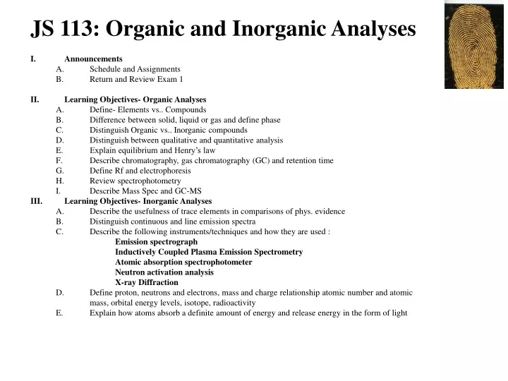 js 113 organic and inorganic analyses