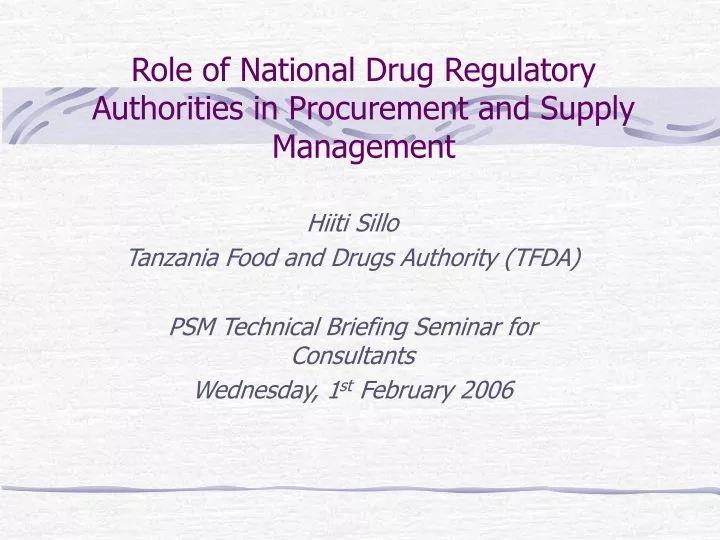 role of national drug regulatory authorities in procurement and supply management