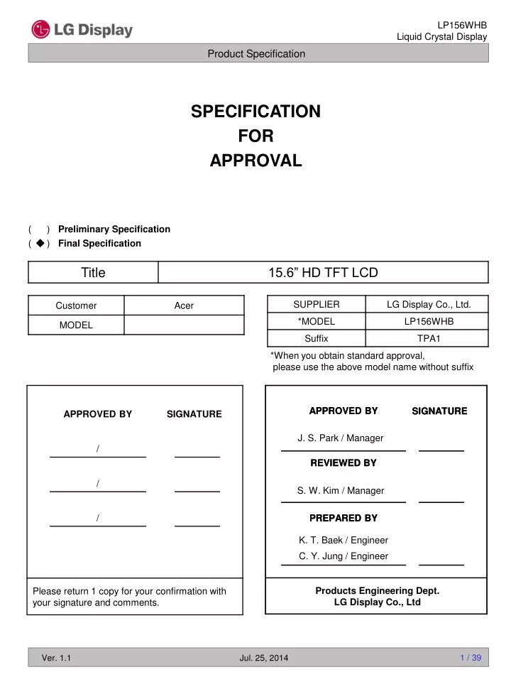 specification for approval