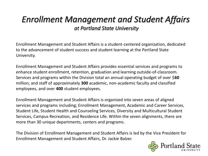 enrollment management and student affairs at portland state university