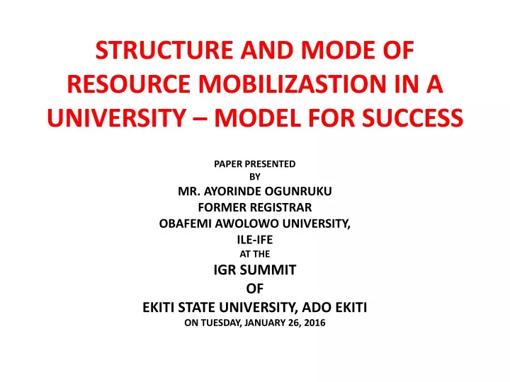 structure and mode of resource mobilizastion in a university model for success