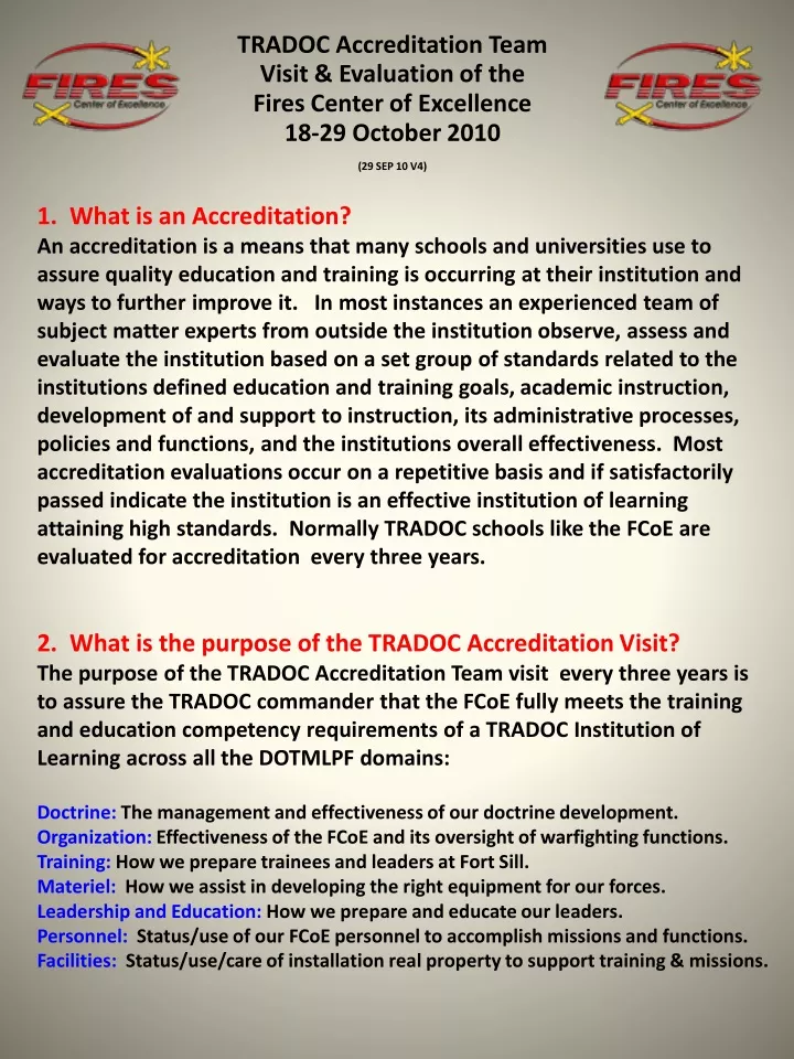 tradoc accreditation team visit evaluation