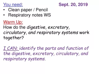 You need: Clean paper / Pencil Respiratory notes WS Warm Up: