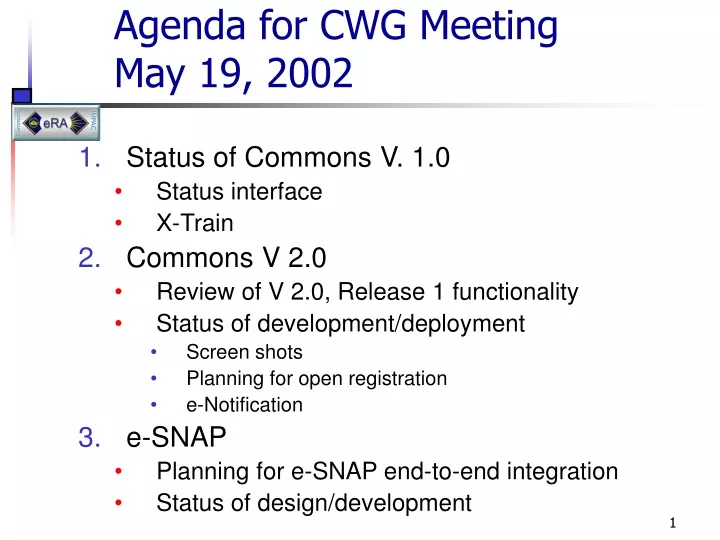 agenda for cwg meeting may 19 2002