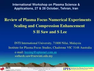 International Workshop on Plasma Science &amp; Applications, 27 &amp; 28 October, Tehran, Iran