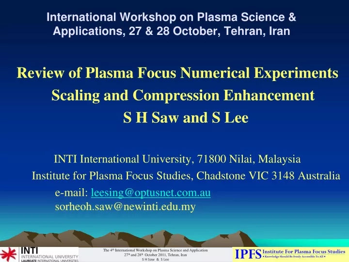 international workshop on plasma science applications 27 28 october tehran iran