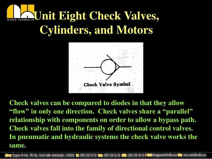 unit eight check valves cylinders and motors