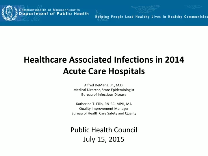 healthcare associated infections in 2014 acute care hospitals