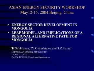 ASIAN ENERGY SECURITY WORKSHOP May12-15, 2004 Beijing, China