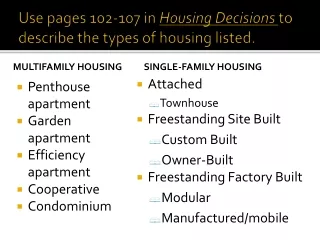 Use pages 102-107 in  Housing Decisions  to describe the types of housing listed.