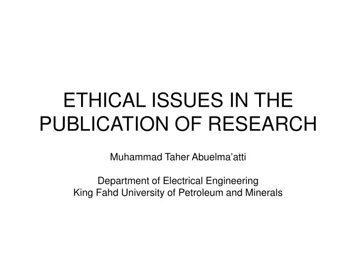 ethical issues in the publication of research
