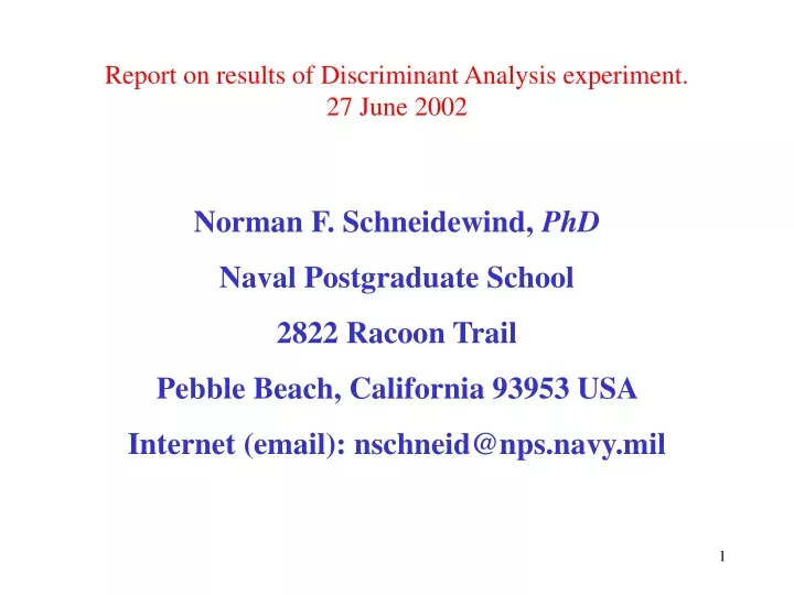 report on results of discriminant analysis experiment 27 june 2002