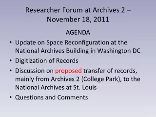 Researcher Forum at Archives 2 – November 18, 2011