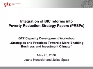 Integration of BIC reforms into  Poverty Reduction Strategy Papers (PRSPs)