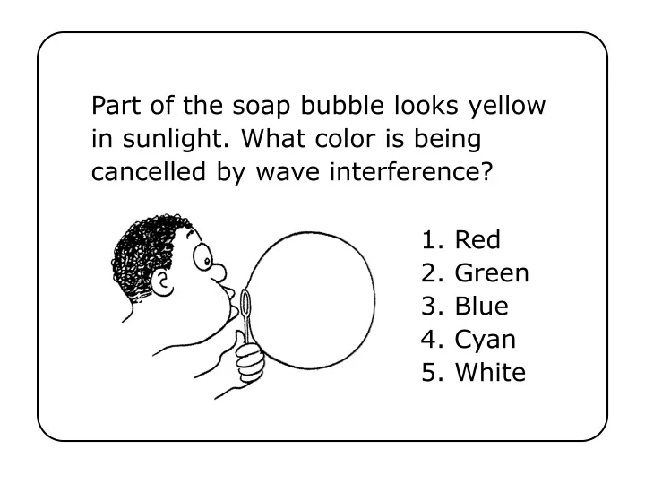 part of the soap bubble looks yellow in sunlight what color is being cancelled by wave interference