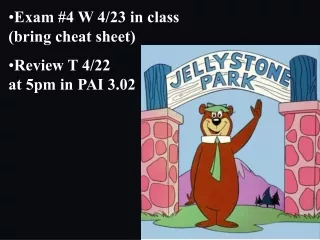 Exam #4 W 4/23 in class (bring cheat sheet) Review T 4/22  at 5pm in PAI 3.02