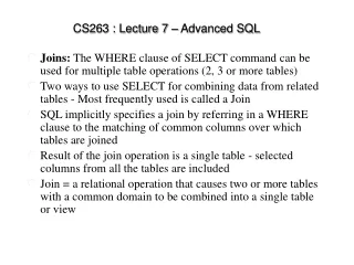 CS263 : Lecture 7 – Advanced SQL
