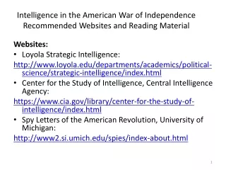 Intelligence in the American War of Independence Recommended Websites and Reading Material